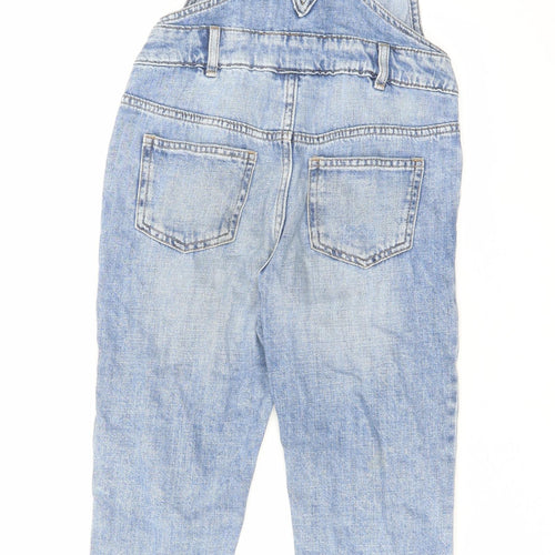 Marks and Spencer Girls Blue Cotton Dungaree One-Piece Size 7-8 Years Button - Distressed