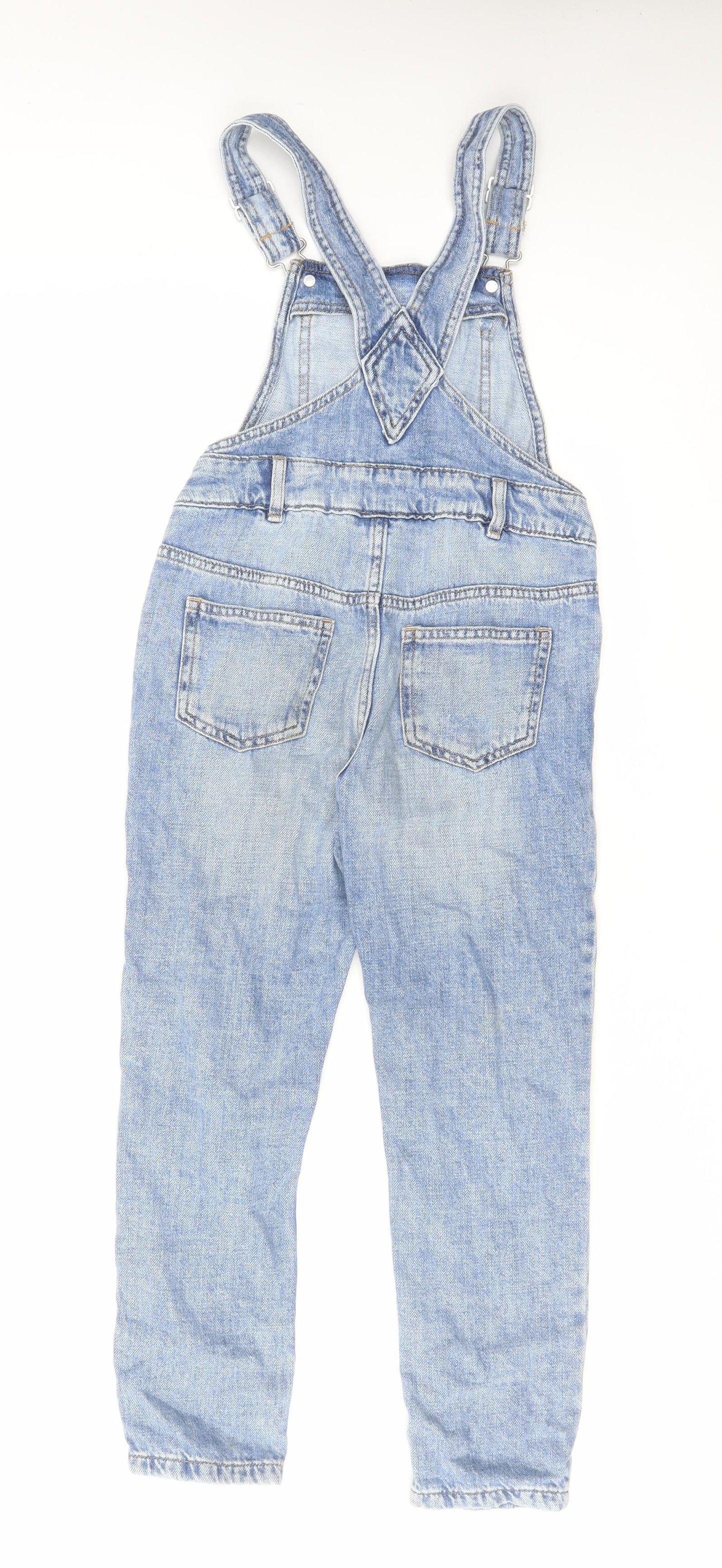 Marks and Spencer Girls Blue Cotton Dungaree One-Piece Size 7-8 Years Button - Distressed