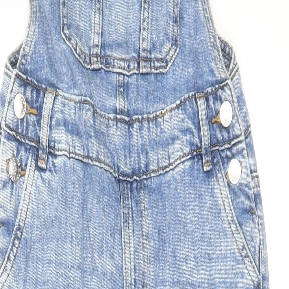 Marks and Spencer Girls Blue Cotton Dungaree One-Piece Size 7-8 Years Button - Distressed