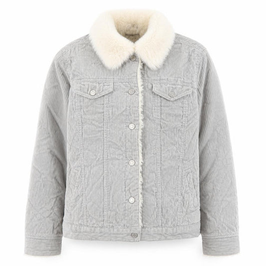 Front view of Denim & Co. women’s grey jacket, size UK 12, button