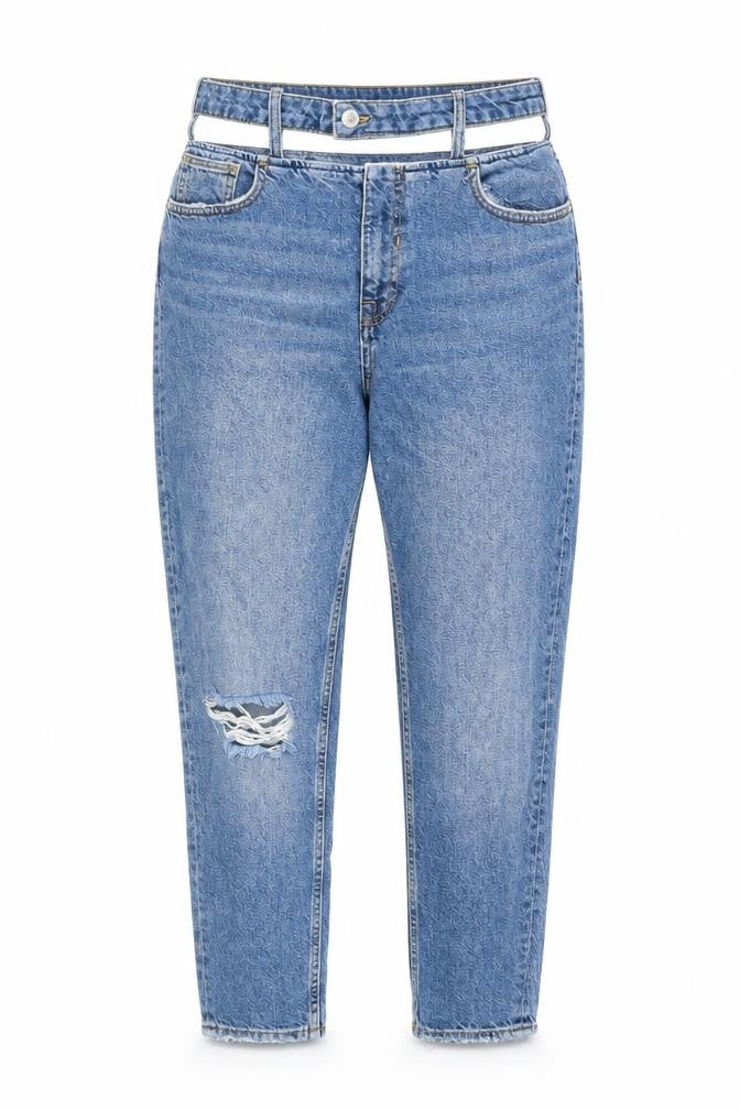 Bershka Womens Blue Cotton Boyfriend Jeans Size 10 L26 in Regular Zip - Cut Out Detail