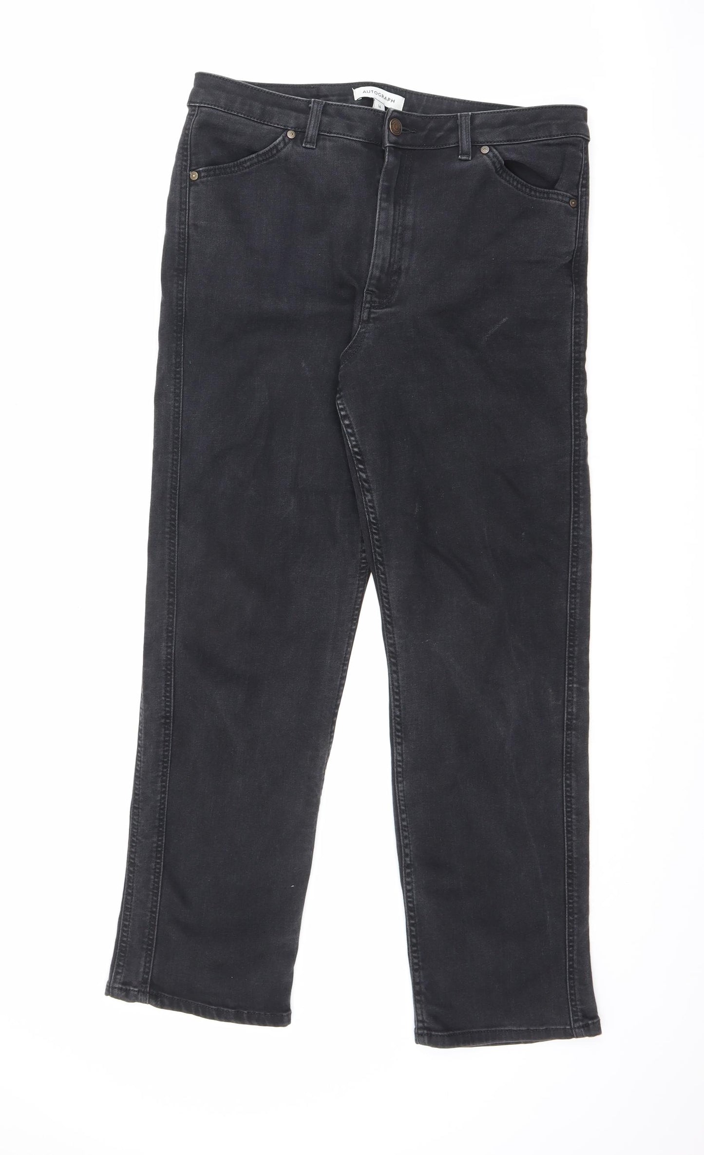 Autograph Womens Black Cotton Straight Jeans Size 16 L28 in Regular Zip