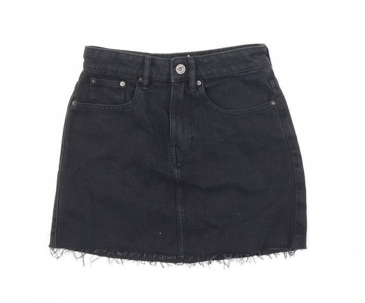Zara Womens Black Cotton A-Line Skirt Size XS Zip
