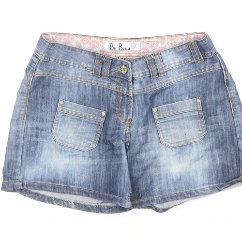 Be Beau Womens Blue Cotton Hot Pants Shorts Size 12 L4.5 in Regular Zip