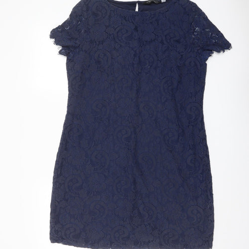 Dorothy Perkins Womens Blue Floral Nylon Shift Size 16 Boat Neck Zip