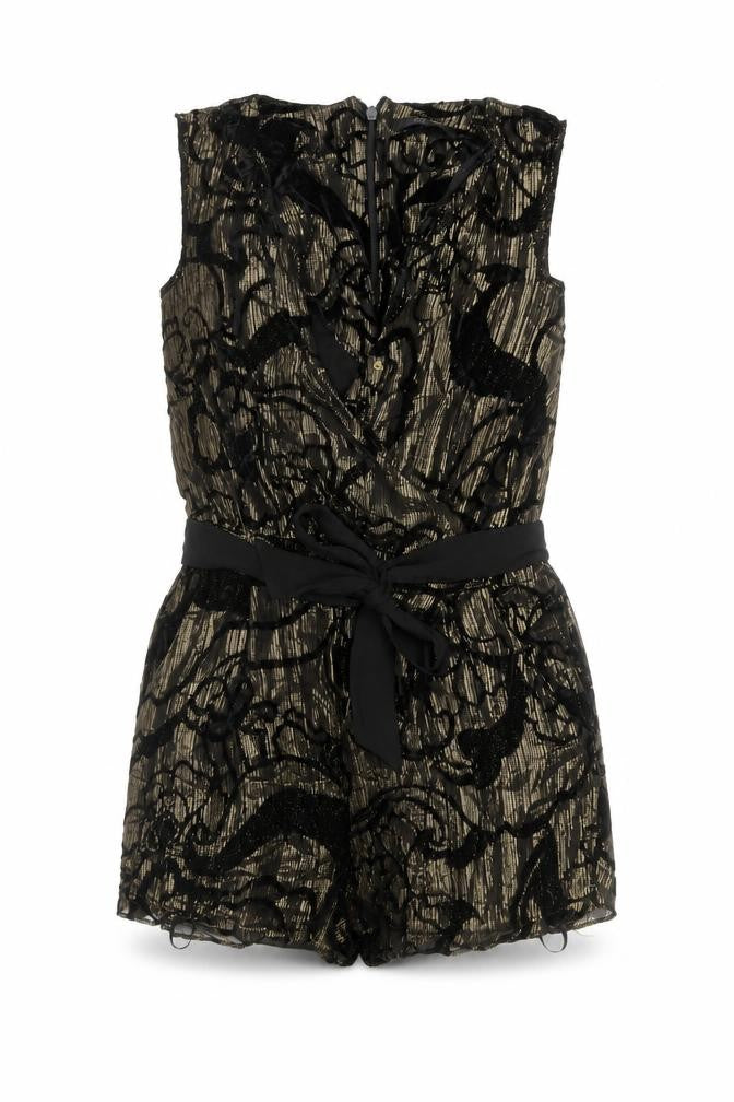 Front view of River Island women’s black geometric viscose playsuit one-piece, size UK 6, zip