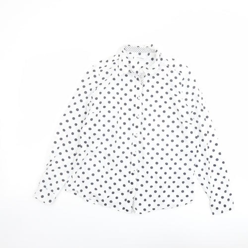 Classic Womens White Polka Dot Cotton Basic Button-Up Size 12 Collared