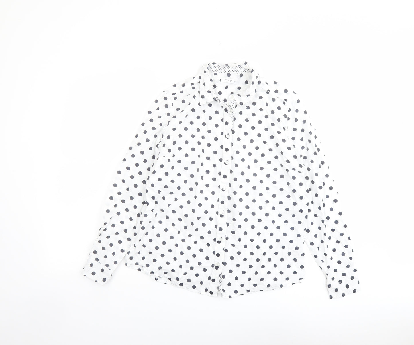 Classic Womens White Polka Dot Cotton Basic Button-Up Size 12 Collared