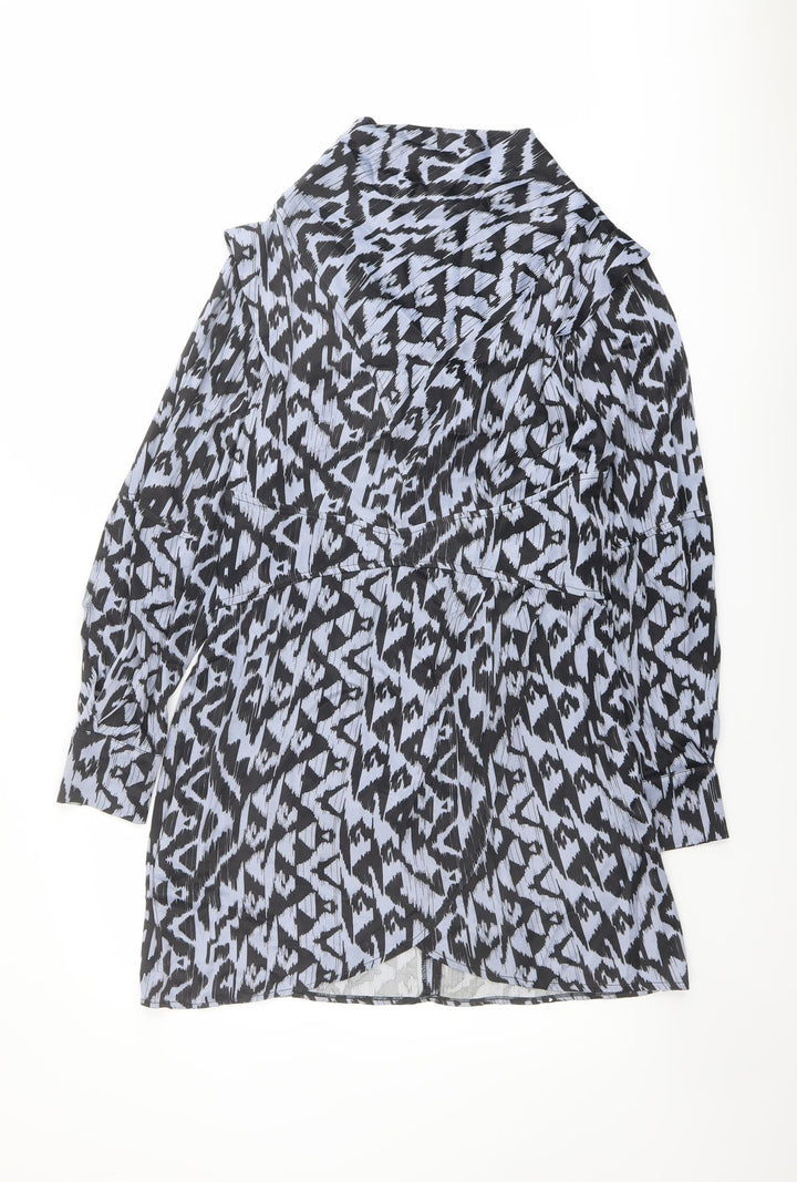 Topshop Womens Blue Geometric Viscose A-Line Size 12 High Neck Zip