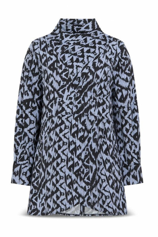 Front view of Topshop women’s blue geometric viscose a-line, size UK 12, high neck zip
