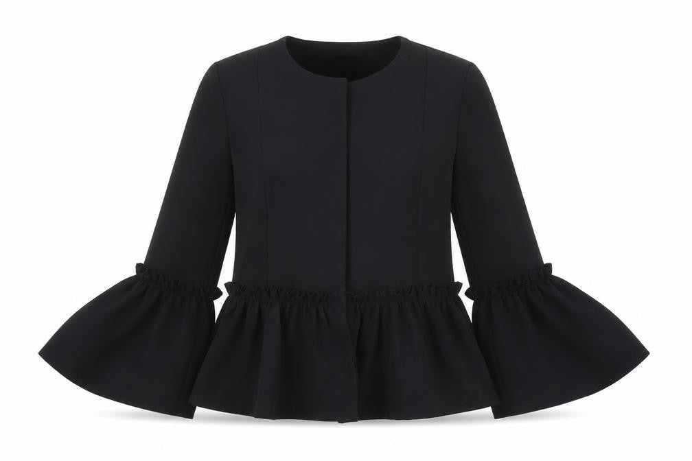 Front view of girls’ on film womens black jacket, size 8, - open