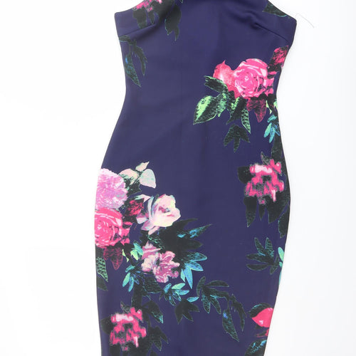 AX Paris Womens Blue Floral Polyester Bodycon Size 10 Round Neck Zip
