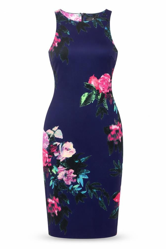 Front view of AX Paris women’s blue floral polyester bodycon, size UK 10, round neck zip