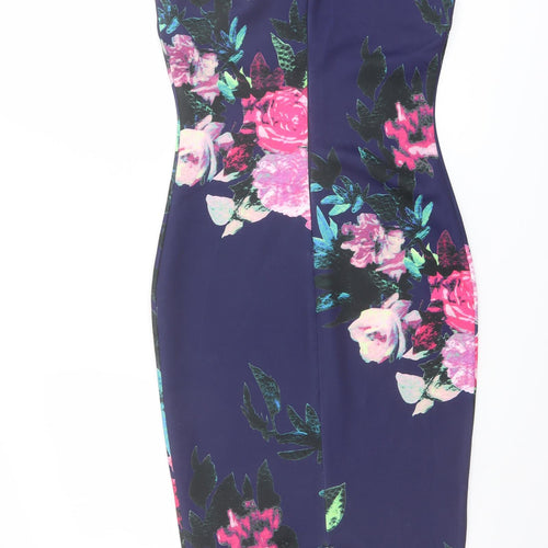 AX Paris Womens Blue Floral Polyester Bodycon Size 10 Round Neck Zip