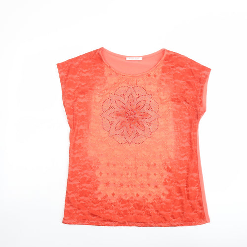 Anna Rose Womens Orange Polyester Basic T-Shirt Size L Round Neck - Lace Front, Floral