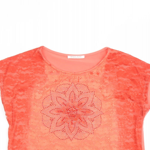 Anna Rose Womens Orange Polyester Basic T-Shirt Size L Round Neck - Lace Front, Floral