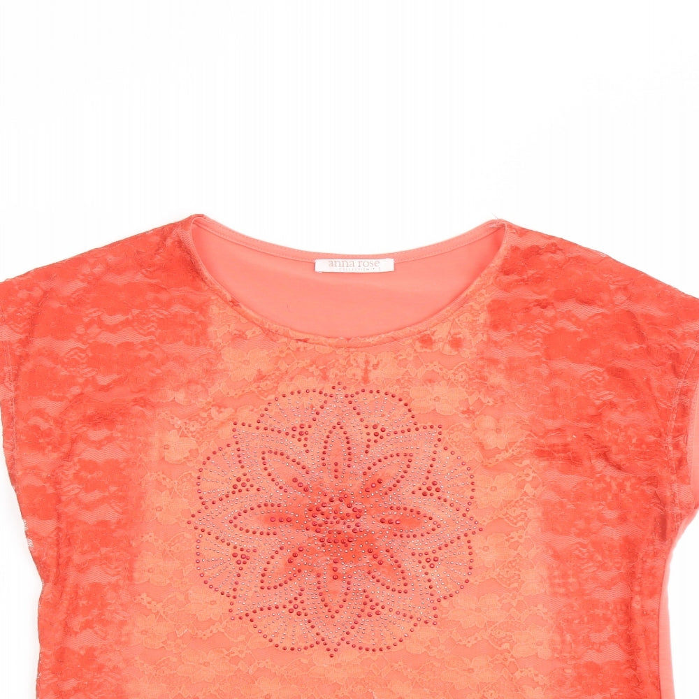 Anna Rose Womens Orange Polyester Basic T-Shirt Size L Round Neck - Lace Front, Floral