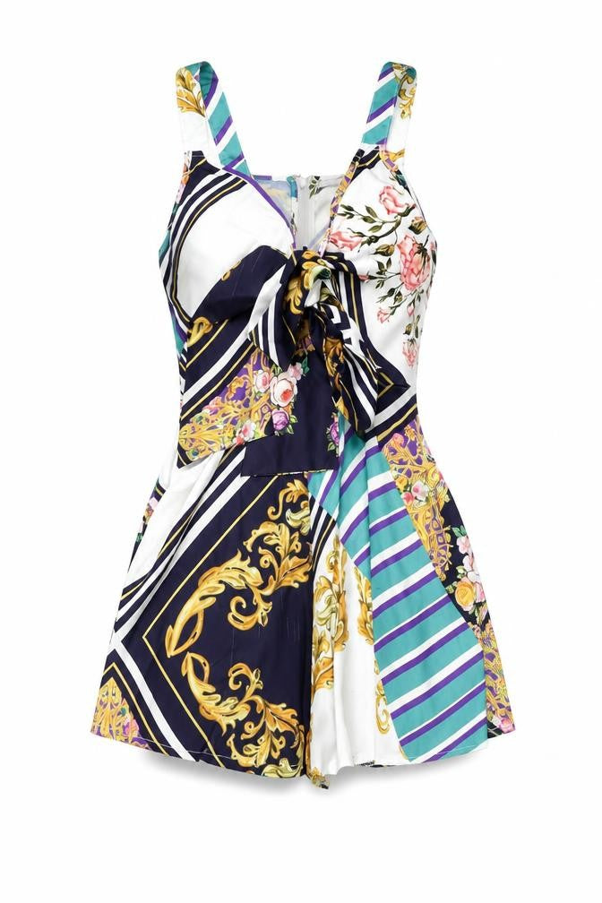 Front view of Missguided women’s multicoloured geometric polyester playsuit one-piece, size UK 4, zip