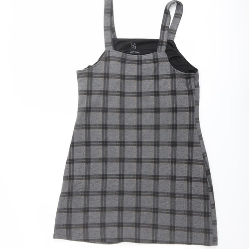 New Look Womens Grey Check Polyester Pinafore/Dungaree Dress Size 8 Square Neck Pullover