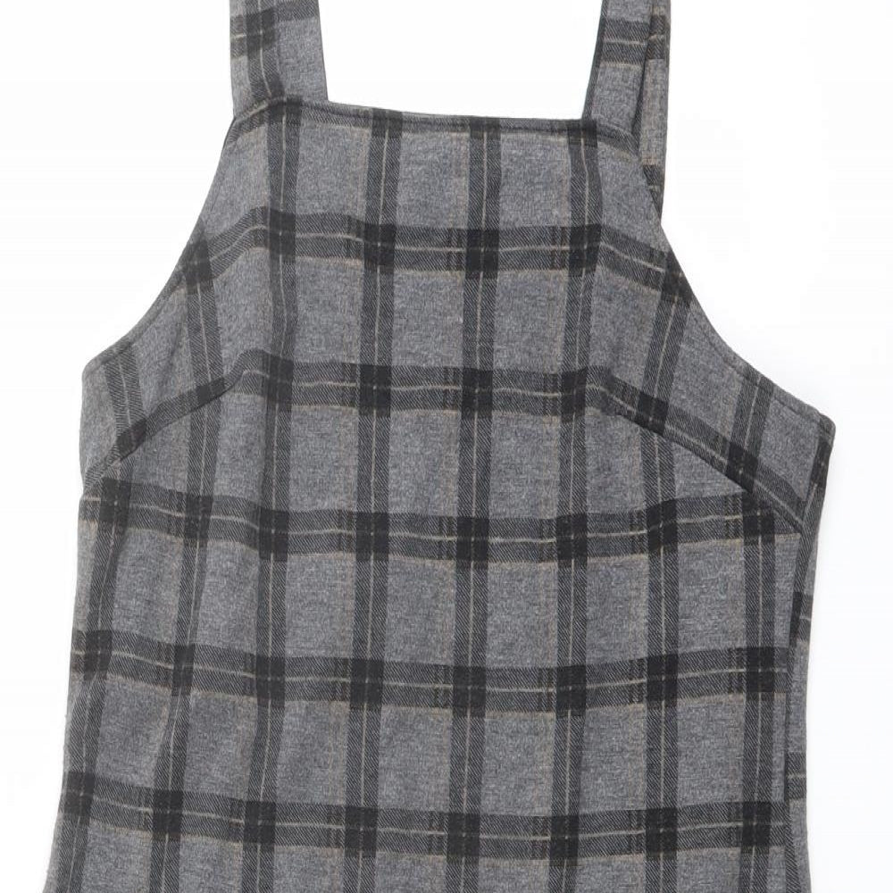 New Look Womens Grey Check Polyester Pinafore/Dungaree Dress Size 8 Square Neck Pullover