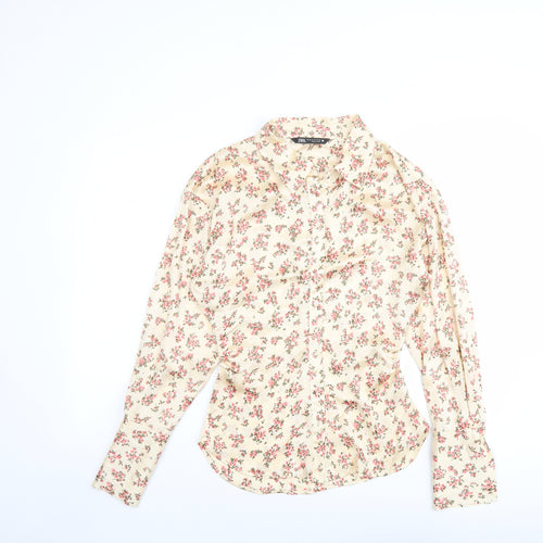 Zara Womens Pink Floral Polyester Basic Button-Up Size XS Collared