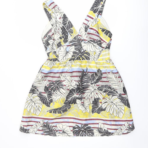 H&M Womens Multicoloured Geometric Polyester A-Line Size 14 V-Neck Zip - Leaf Print Open Back