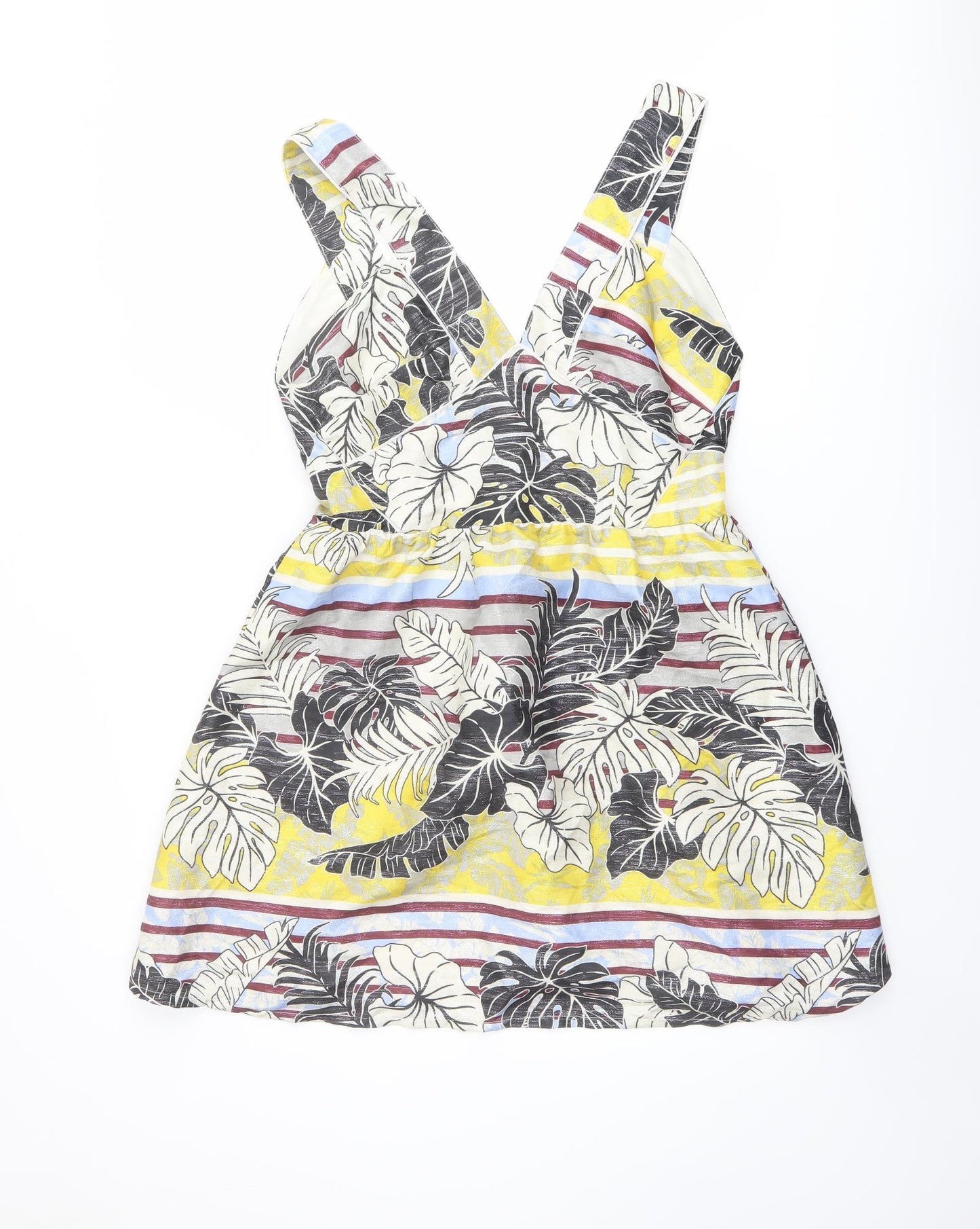 H&M Womens Multicoloured Geometric Polyester A-Line Size 14 V-Neck Zip - Leaf Print Open Back