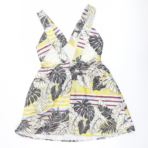 H&M Womens Multicoloured Geometric Polyester A-Line Size 14 V-Neck Zip - Leaf Print Open Back
