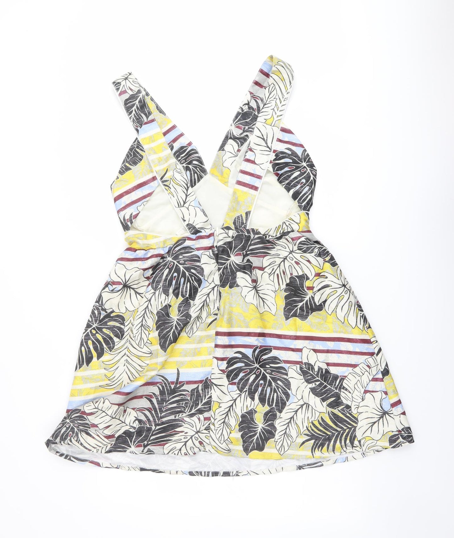 H&M Womens Multicoloured Geometric Polyester A-Line Size 14 V-Neck Zip - Leaf Print Open Back