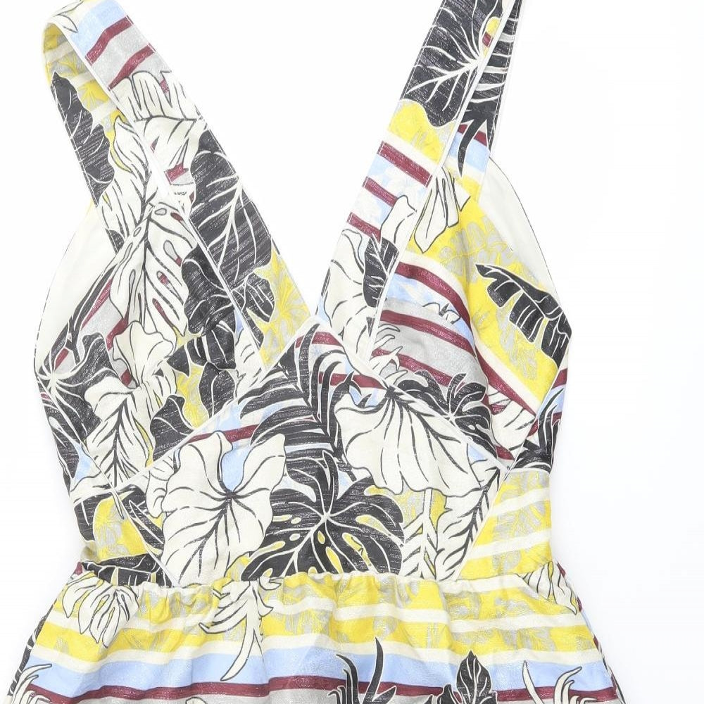 H&M Womens Multicoloured Geometric Polyester A-Line Size 14 V-Neck Zip - Leaf Print Open Back