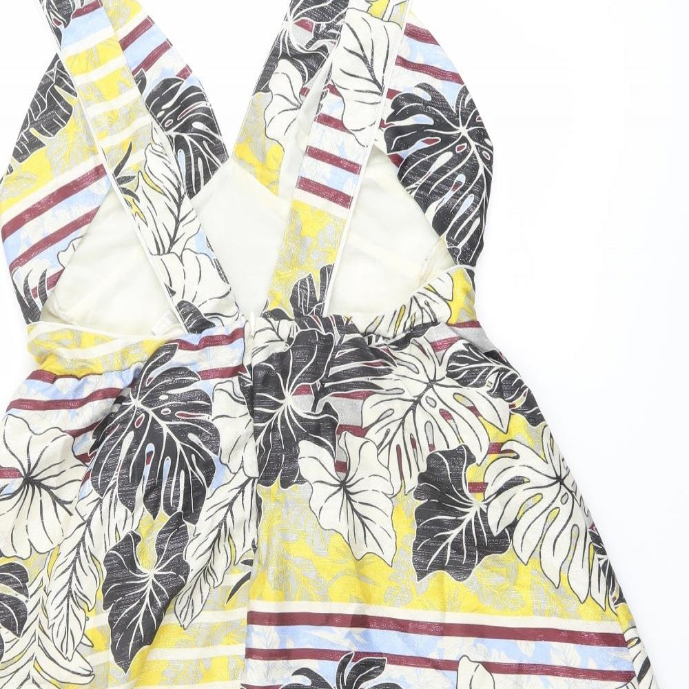 H&M Womens Multicoloured Geometric Polyester A-Line Size 14 V-Neck Zip - Leaf Print Open Back