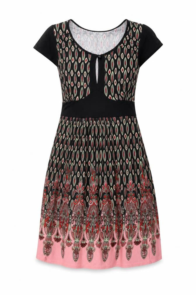 Front view of Warehouse women’s multicoloured geometric viscose a-line, size UK 12, scoop neck button
