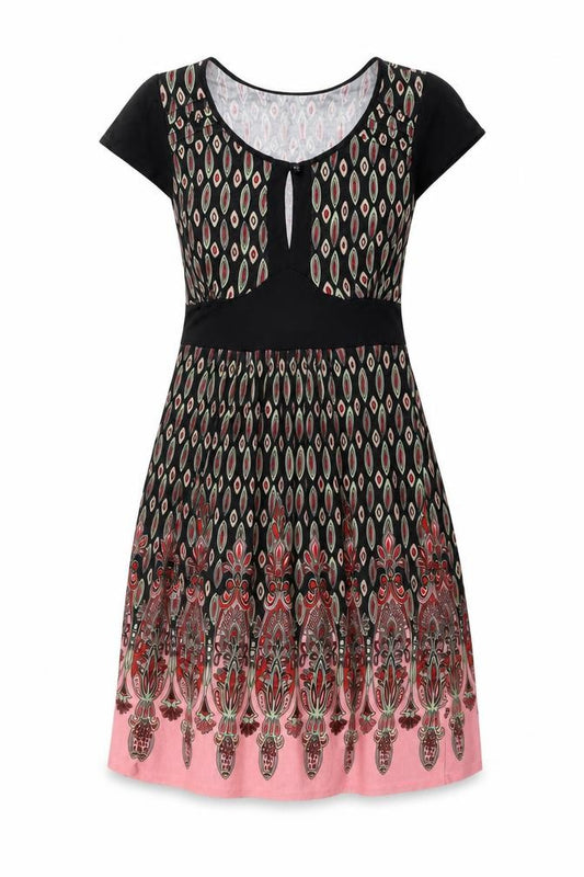 Front view of Warehouse women’s multicoloured geometric viscose a-line, size UK 12, scoop neck button