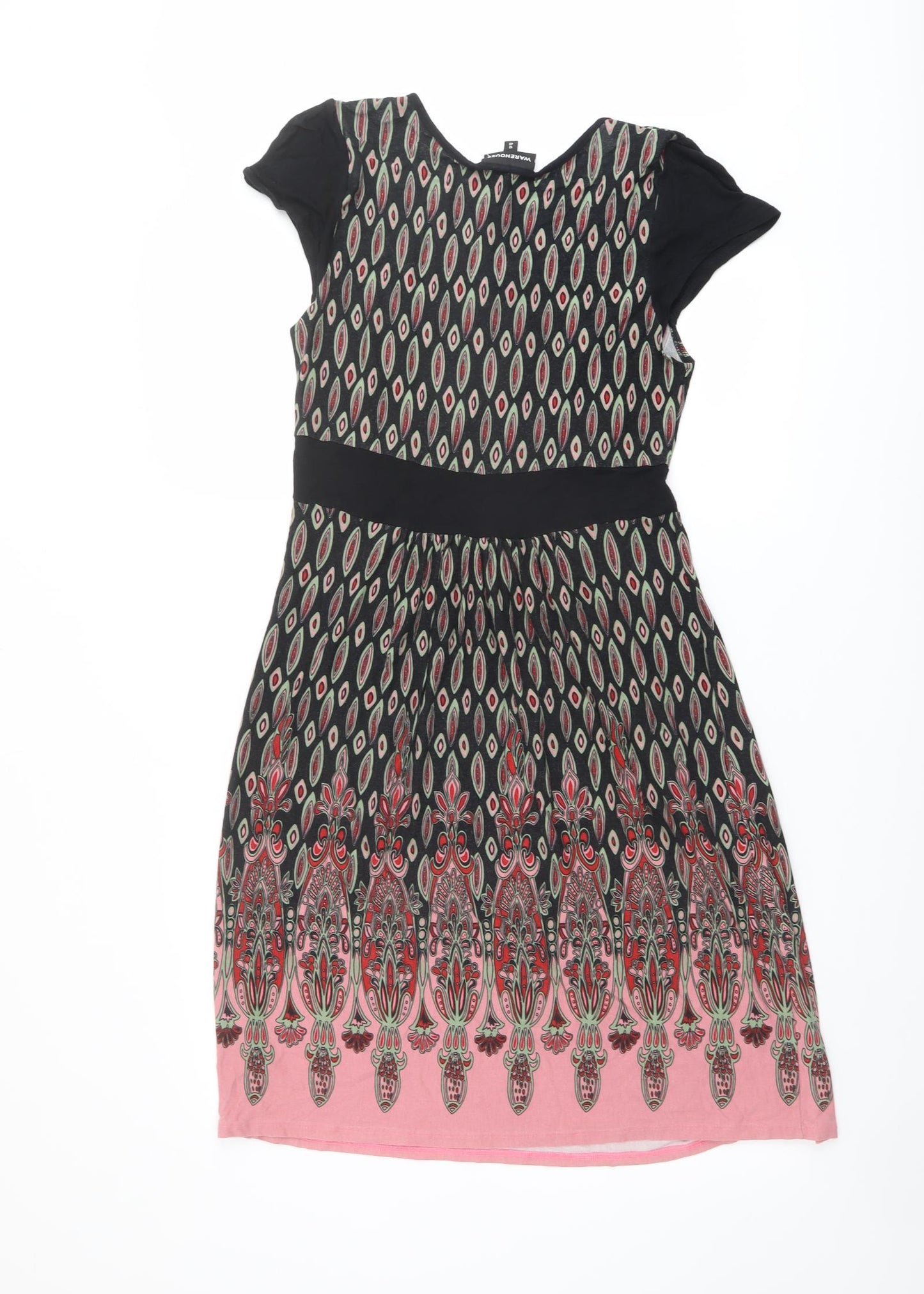 Warehouse Womens Multicoloured Geometric Viscose A-Line Size 12 Scoop Neck Button