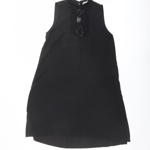 Zara Womens Black Polyester Shift Size XS Mock Neck Button - Mesh Detail