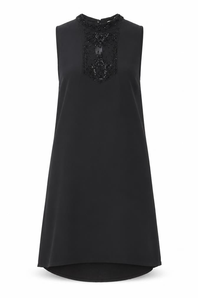 Front view of Zara women’s black polyester shift, size XS, mock neck button - mesh detail
