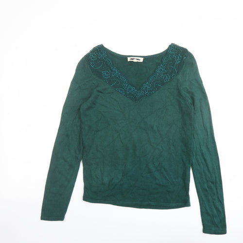 Grain de Malice Womens Green V-Neck Viscose Pullover Jumper Size S