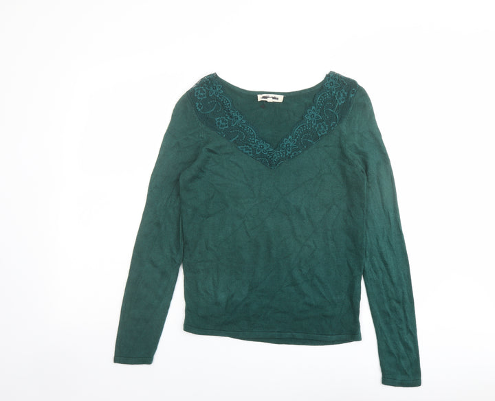 Grain de Malice Womens Green V-Neck Viscose Pullover Jumper Size S