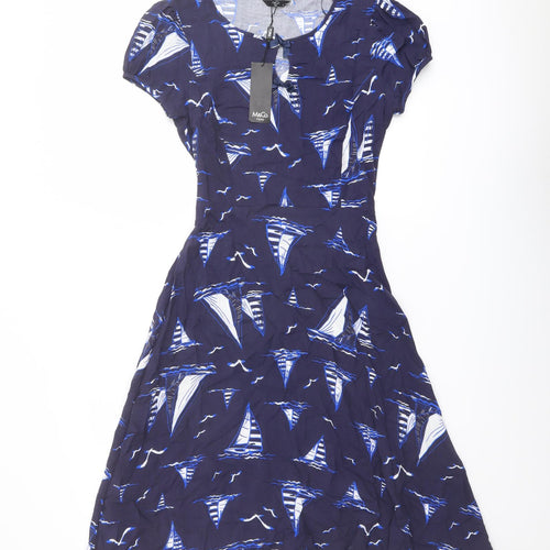 M&Co Womens Blue Geometric Viscose Trapeze & Swing Size 8 Round Neck Pullover - Boat pattern