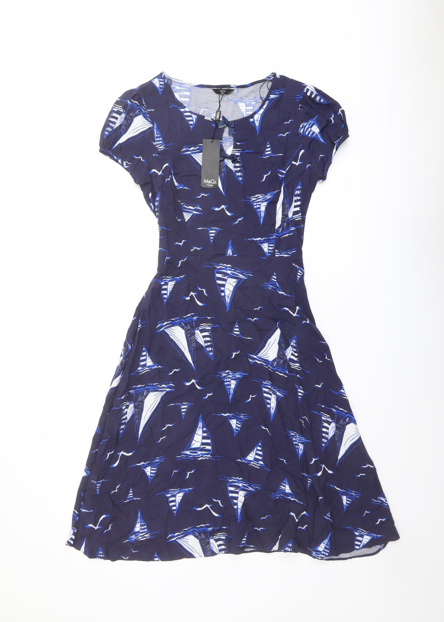 M&Co Womens Blue Geometric Viscose Trapeze & Swing Size 8 Round Neck Pullover - Boat pattern