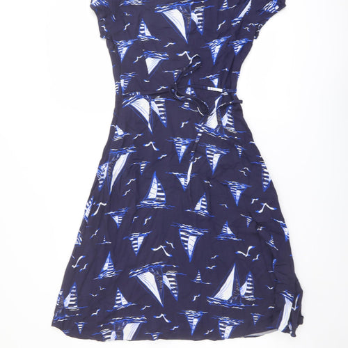 M&Co Womens Blue Geometric Viscose Trapeze & Swing Size 8 Round Neck Pullover - Boat pattern
