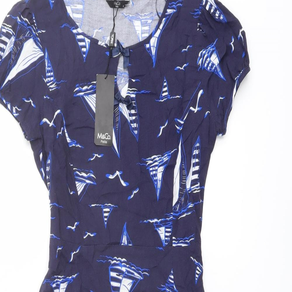 M&Co Womens Blue Geometric Viscose Trapeze & Swing Size 8 Round Neck Pullover - Boat pattern