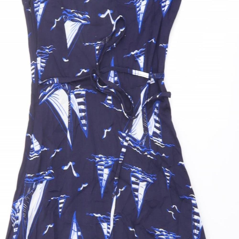 M&Co Womens Blue Geometric Viscose Trapeze & Swing Size 8 Round Neck Pullover - Boat pattern