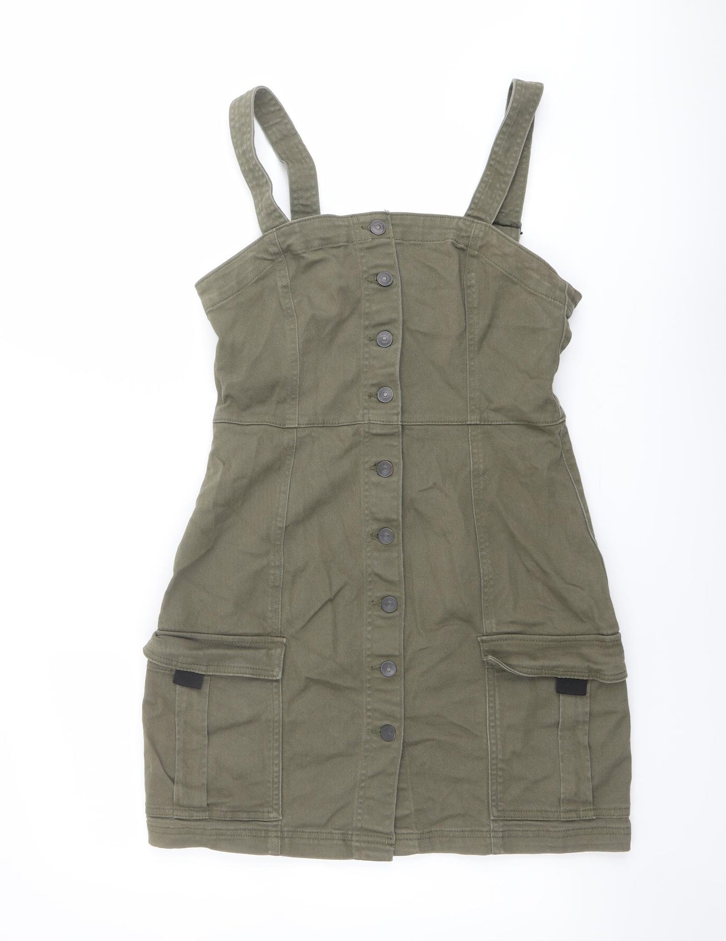 H&M Womens Green Cotton Pinafore/Dungaree Dress Size 14 Square Neck Button