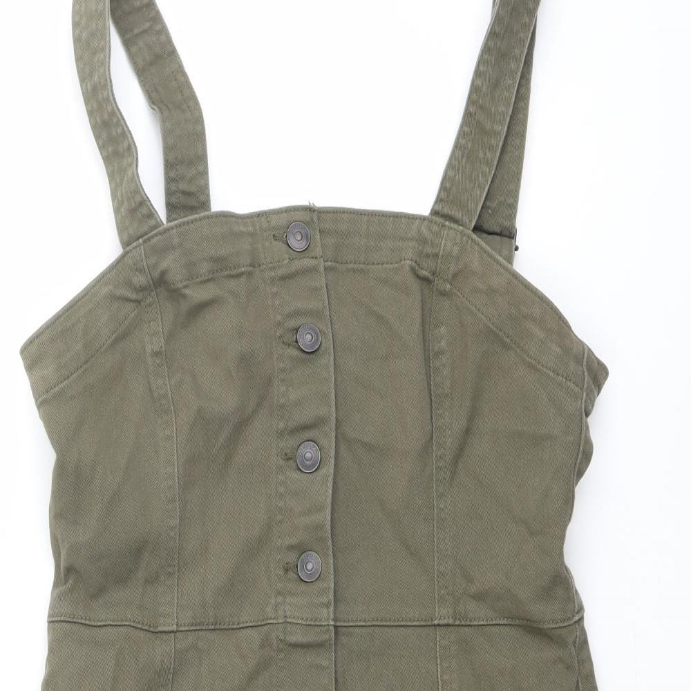 H&M Womens Green Cotton Pinafore/Dungaree Dress Size 14 Square Neck Button