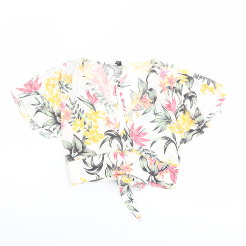 H&M Womens White Floral Polyester Cropped Blouse Size S V-Neck