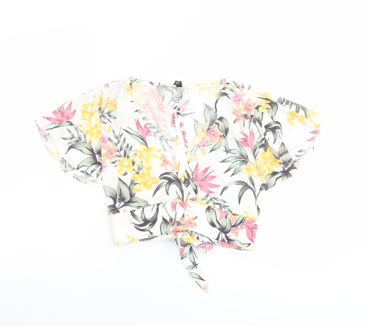 H&M Womens White Floral Polyester Cropped Blouse Size S V-Neck