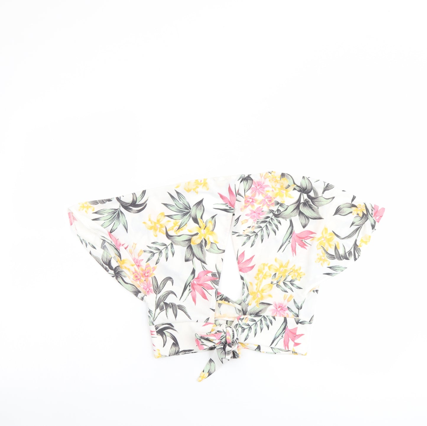H&M Womens White Floral Polyester Cropped Blouse Size S V-Neck
