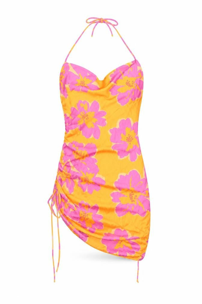 Front view of Bershka women’s multicoloured floral polyester mini, size L, halter pullover