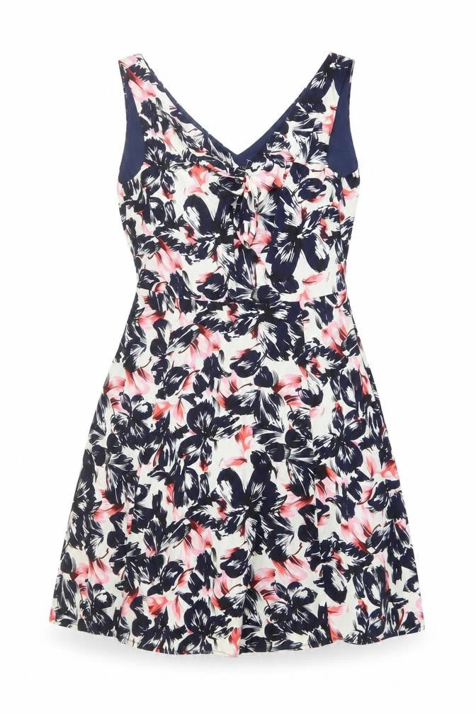 Front view of Sugarhill women’s multicoloured floral polyester trapeze & swing, size UK 12, v-neck pullover